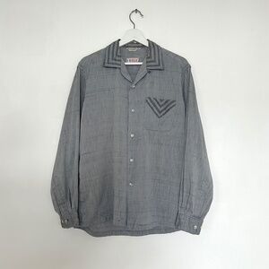 vintage 50s striped gray cotton mens collared shirt loop collar bode rayon M L